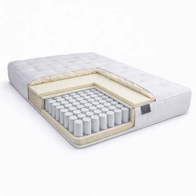 Sprout Mattress cutaway with visible coil spring structure and layers of wool and latex on a white background.