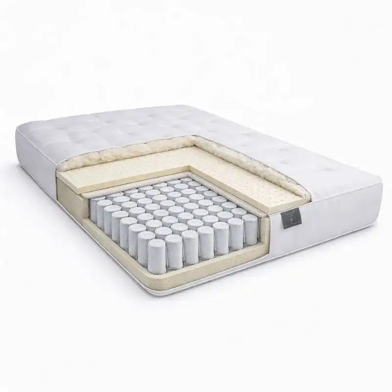 Sprout Mattress cutaway with visible coil spring structure and layers of wool and latex on a white background.