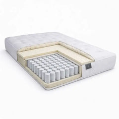 Sprout Mattress cutaway with visible coil spring structure and layers of wool and latex on a white background.