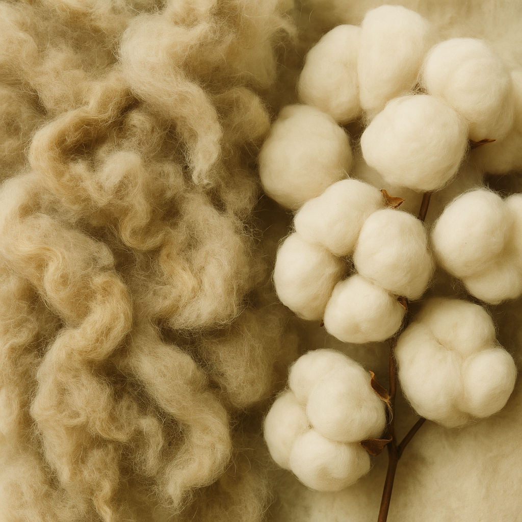 Close-up of natural wool fibers and soft organic cotton bolls used in Sprout mattresses, highlighting eco-friendly, breathable, non-toxic materials for healthier sleep.