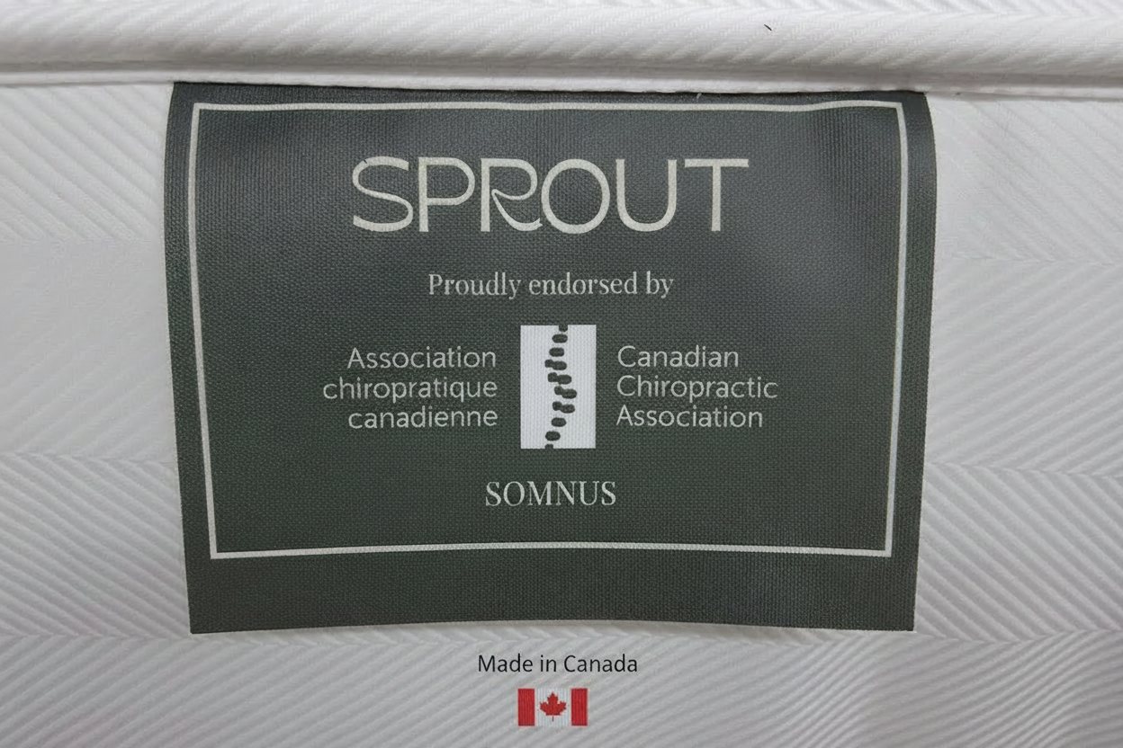 Sprout Somnus mattress label endorsed by the Canadian Chiropractic Association on a mattress surface.