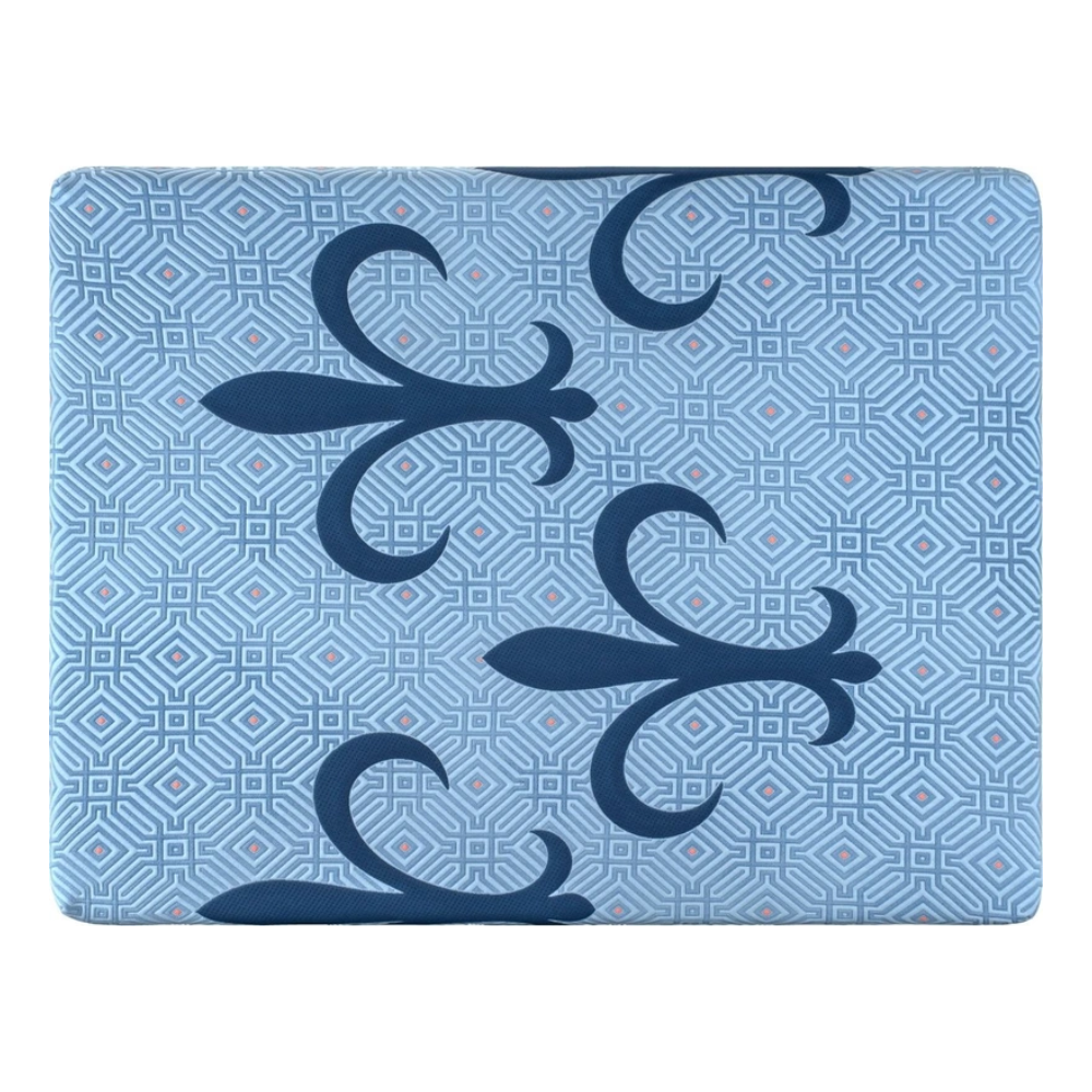 Stearns and Foster Hybrid mattress top with blue floral patterns on a light blue geometric background