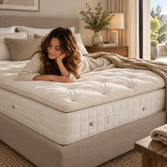 A woman lies on an alpaca wool tufted mattress topper on a Hypnos bed in a softly lit bedroom. The Hypnos mattress is off-white/cream with quilted stitching and visible side handles, set against neutral bedding and a beige upholstered bed frame.