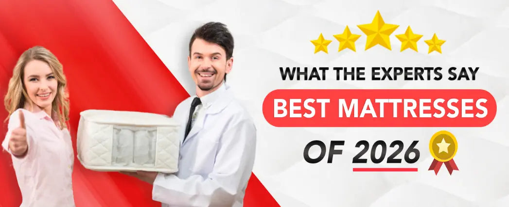 Two people with a mattress and text about best mattresses of 2026 on a red and white background