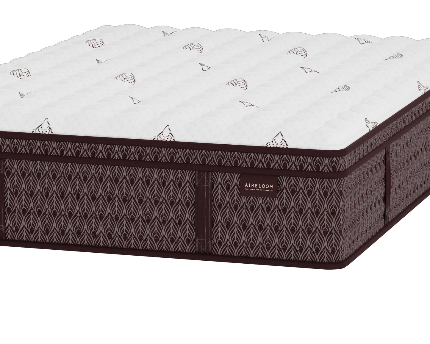 A luxury Euro Top Plush Aireloom mattress shown at a three-quarter angle, featuring a white quilted top with subtle red geometric patterns and a dark brown patterned side panel with a small aireloom brand label.