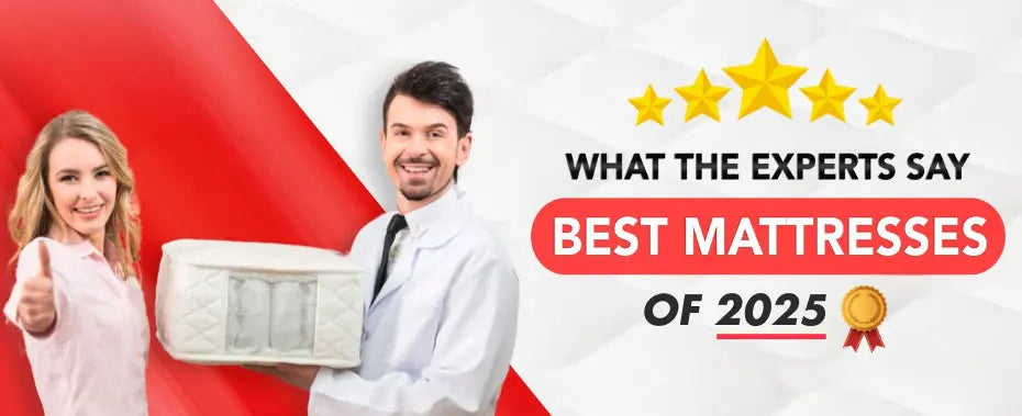 Best Mattresses of 2025, man and woman are standing while holding a demo mattress pocket coil, the woman has a thumbs up. Both are smiling