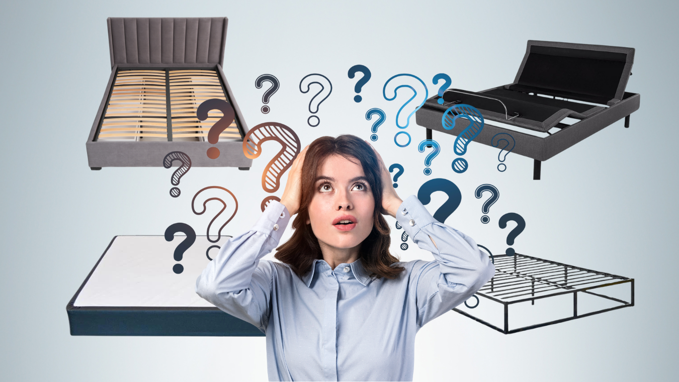 A woman surrounded by different bed frames and question marks.