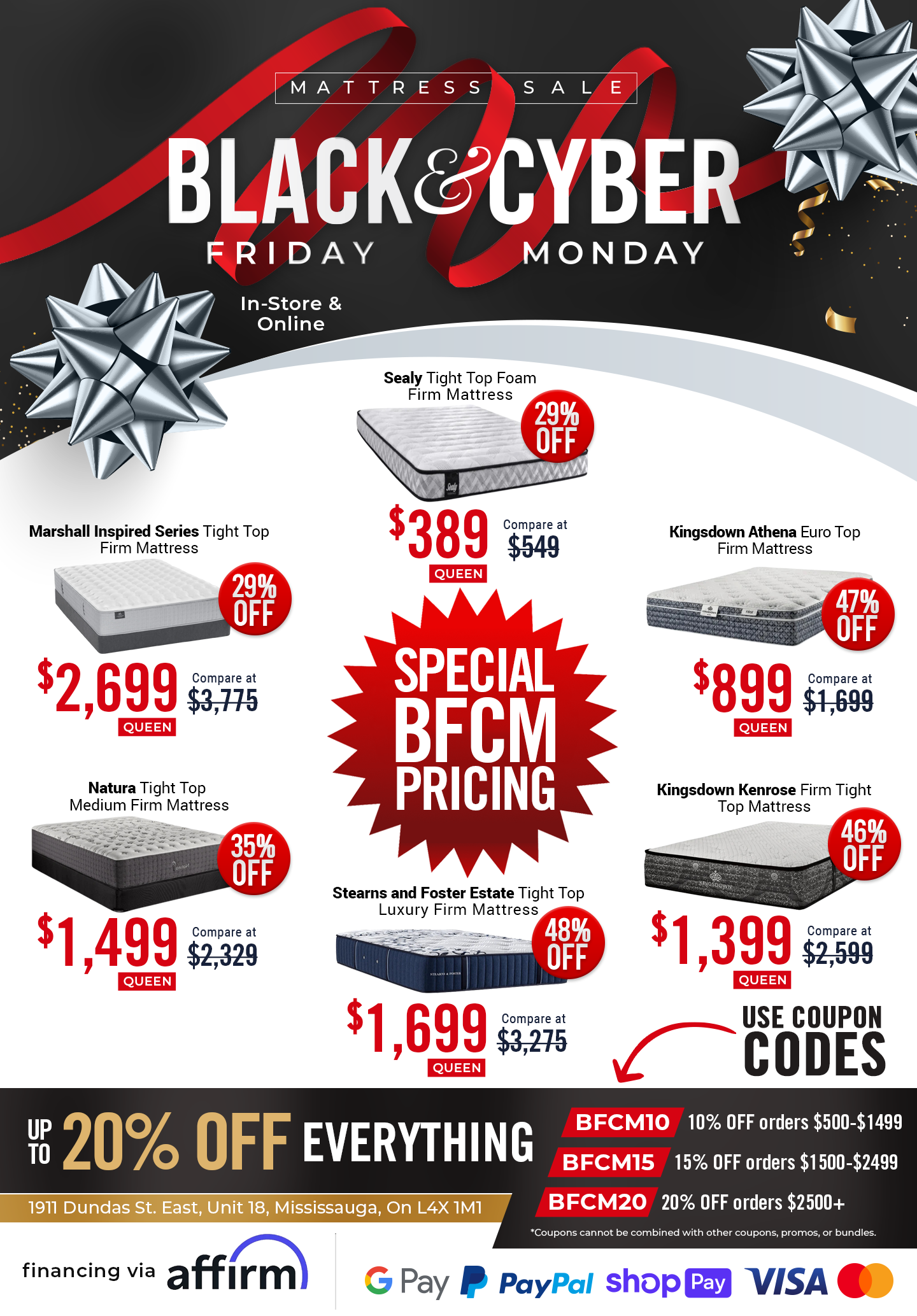 Black Friday Cyber Monday mattress sale flyer featuring bold text and eye-catching graphics promoting unbeatable deals and discounts. 6 mattresses with prices and discounts including deals on stearns and foster, marshall, kingsdown, tempur-pedic and more. 