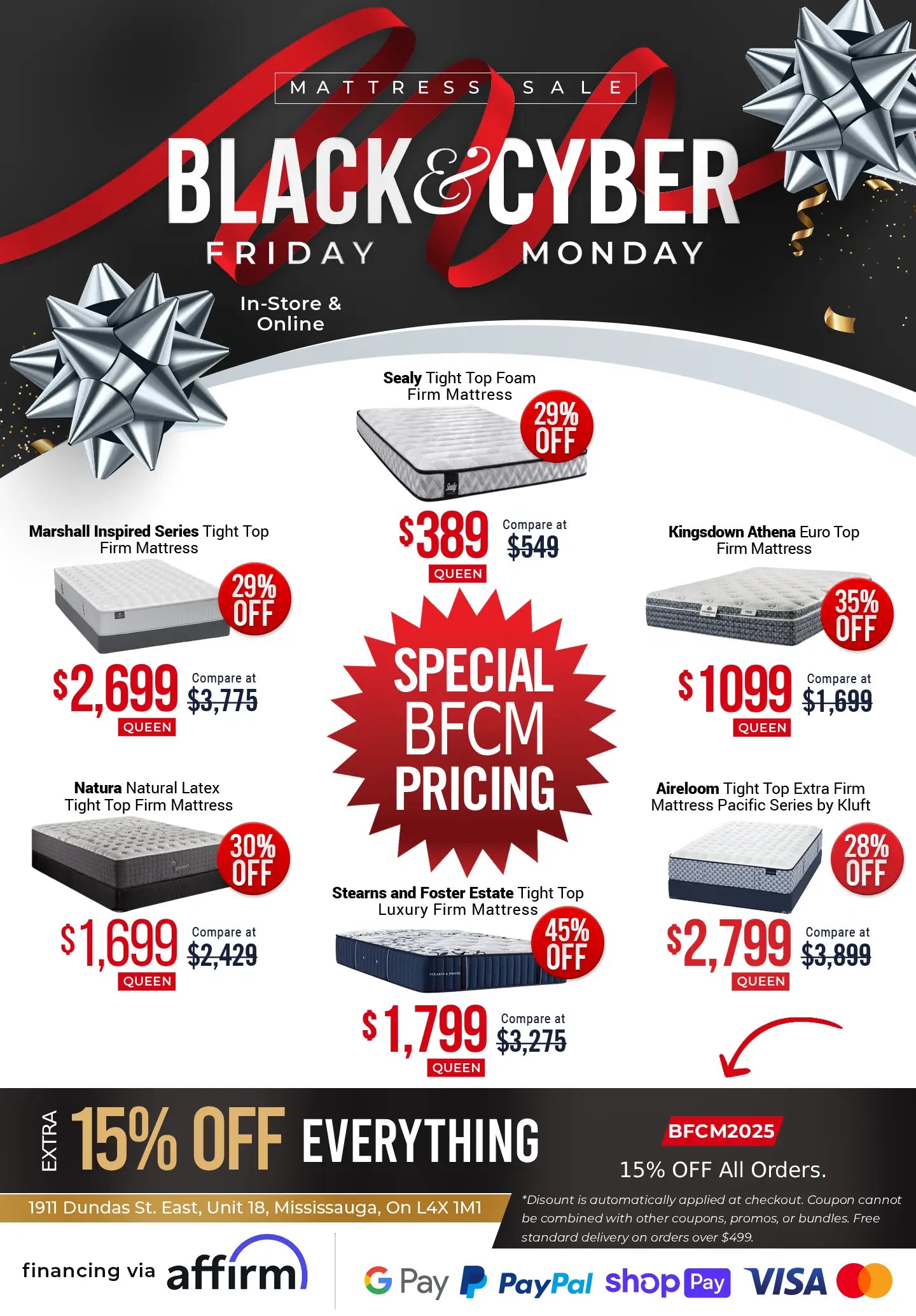 Black Friday and Cyber Monday mattress sale poster featuring discounted mattresses from brands like Marshall, Aireloom, Sealy and Stearns and Foster, with prices and 15% off.