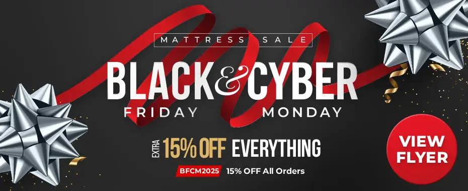 Black and Cyber Friday-Monday mattress sale banner with red ribbon and silver bows. Extra 15% off everything, use code BFCM2025. View flyer.