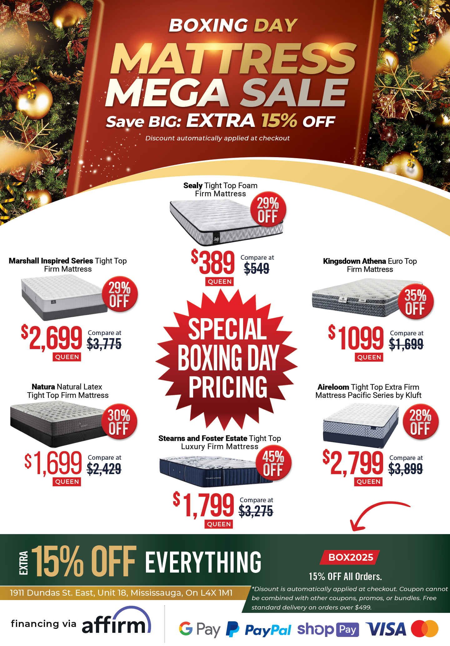 Promotional poster for a Boxing Day mattress sale with various mattress options and pricing.