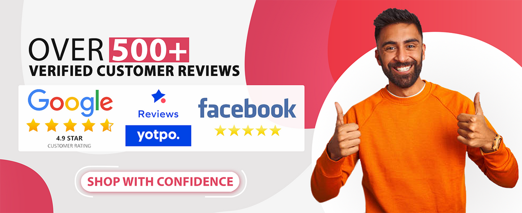 A promotional design showcasing customer reviews. On the left side, bold black text on a light background reads 