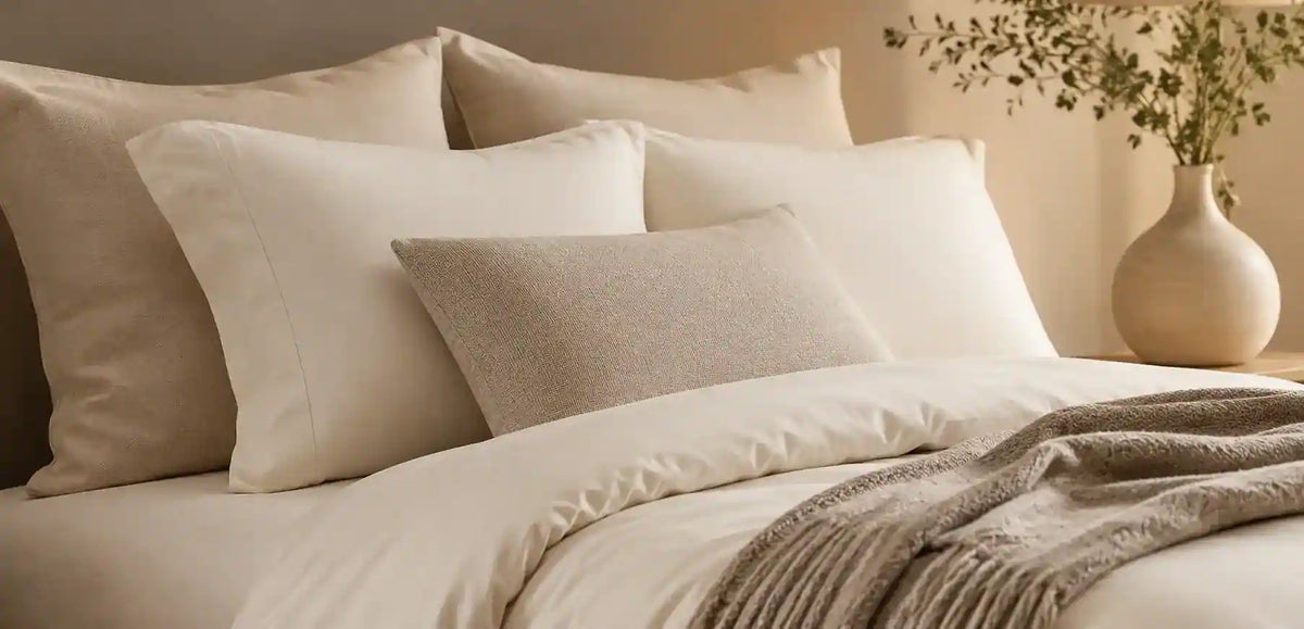 A neatly made bed with layered off-white and beige pillows, white bedding, a taupe throw blanket, and a small vase of greenery on a bedside table.-image
