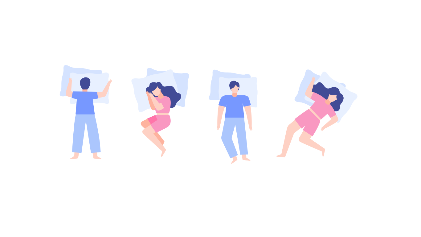 Four illustrations of people sleeping in various positions.