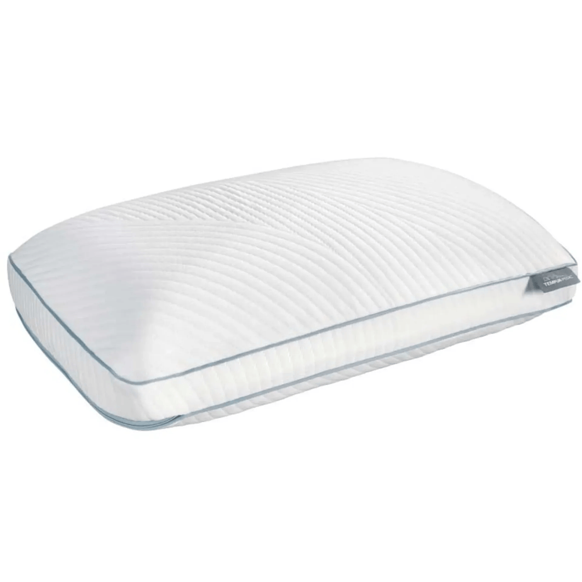 White pillow with blue accents on a white background