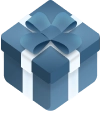 A blue color gift box icon with white ribbon wrapped to it