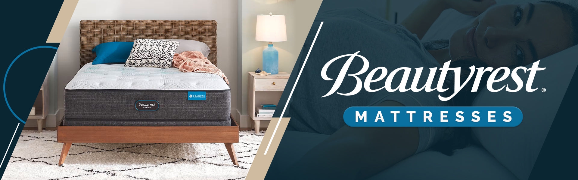 beautyrest mattress on wooden bed frame, beautyrest logo with woman laying down in the background