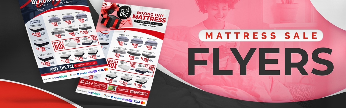 two mattress sale holiday flyers, woman sitting on bed on her phone, mattress sale flyers