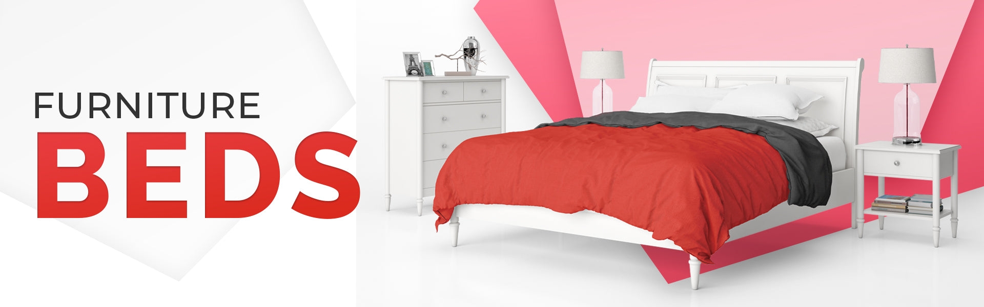 bedroom set, 5 drawer chest, mattress on wooden bed with red comforter , between 2 night stands with lamps on top, furniture beds